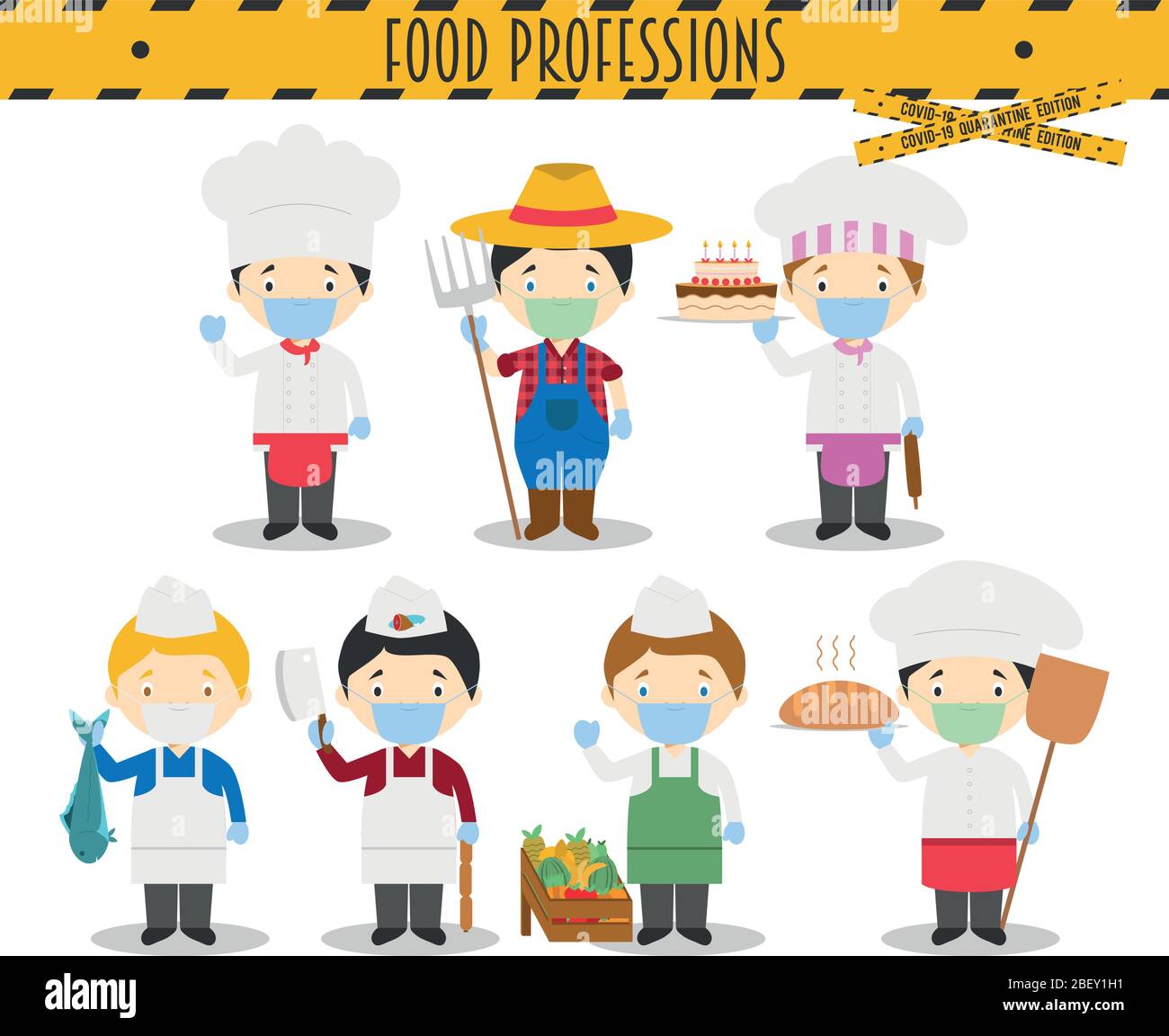 Covid 19 Health Emergency Special Edition: Vector Set of Food Industry Professions with surgical masks and latex gloves in cartoon style Stock Vector