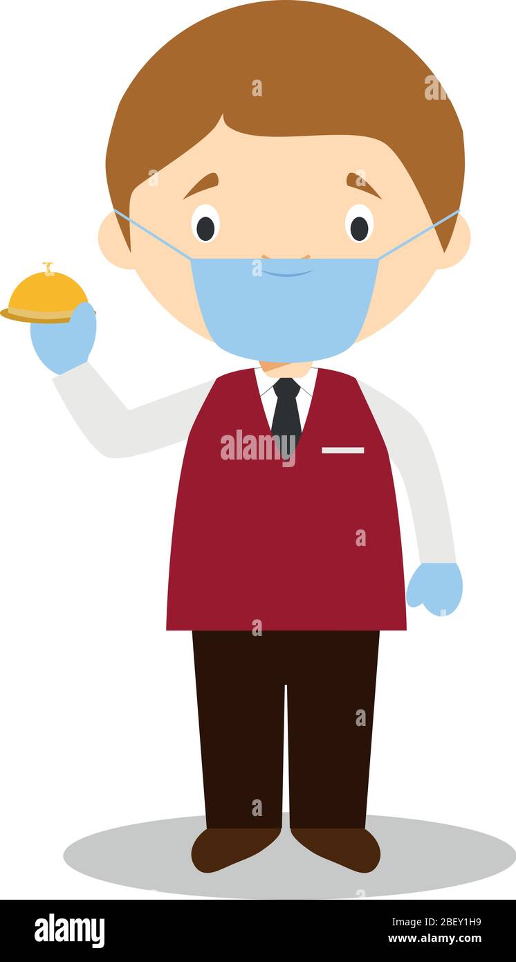 Cute cartoon vector illustration of a receptionist with surgical mask and latex gloves as protection against a health emergency Stock Vector