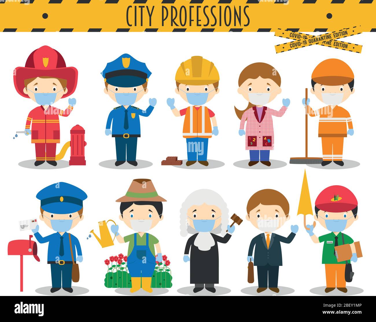 Covid 19 Health Emergency Special Edition: Vector Set of City Professions  with surgical masks and latex gloves in cartoon style Stock Vector Image &  Art - Alamy