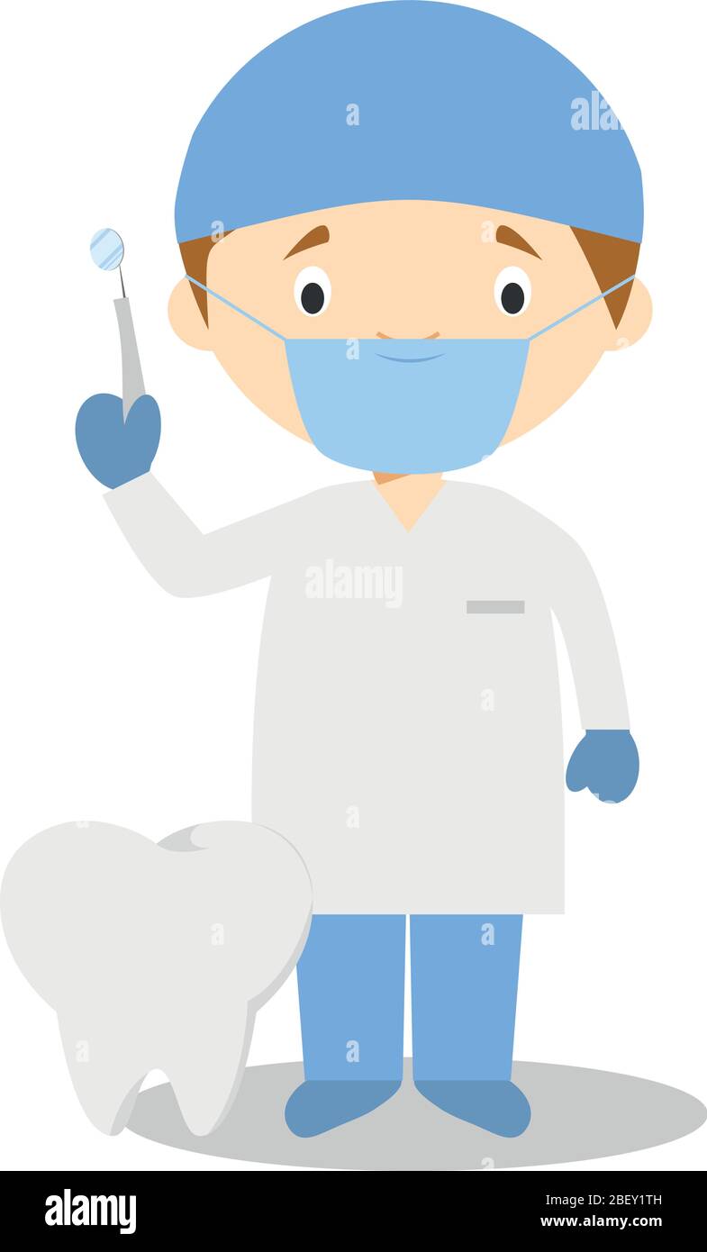 Cute cartoon vector illustration of a dentist with surgical mask and latex gloves as protection against a health emergency Stock Vector
