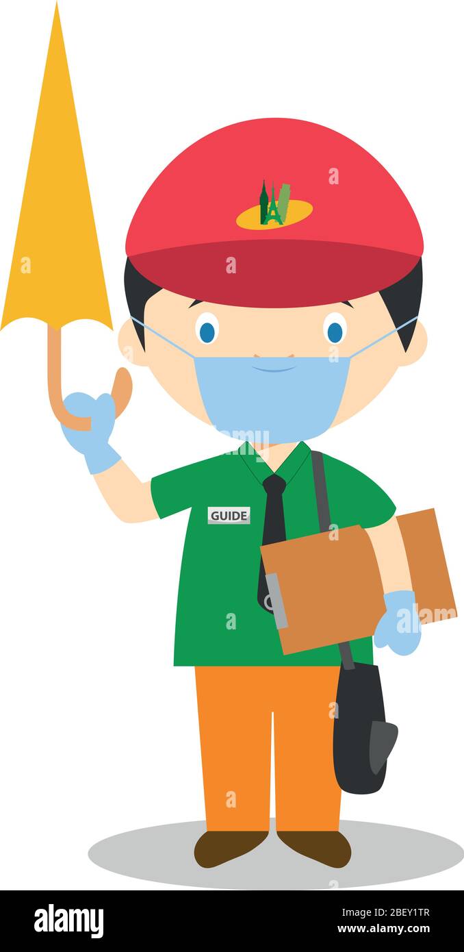 Cute cartoon vector illustration of a touristic guide with surgical mask and latex gloves as protection against a health emergency Stock Vector