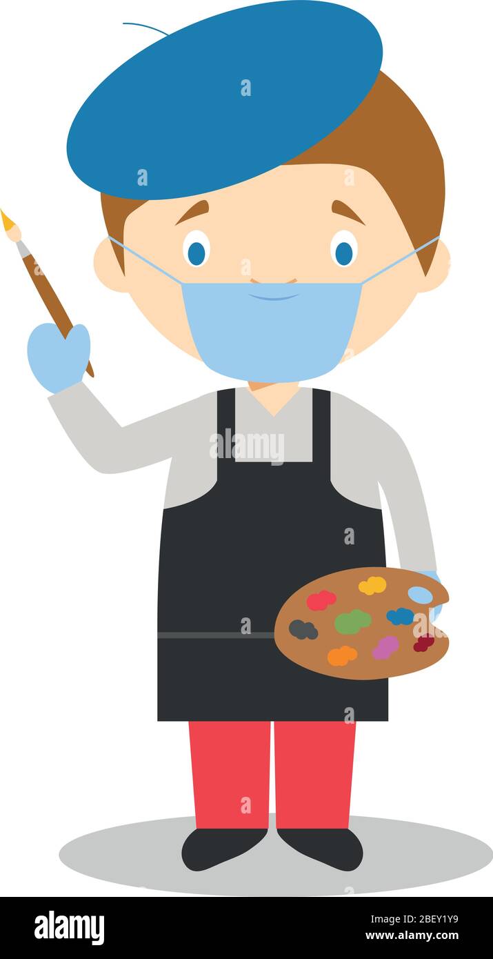 Cute cartoon vector illustration of an artist with surgical mask and latex gloves as protection against a health emergency Stock Vector