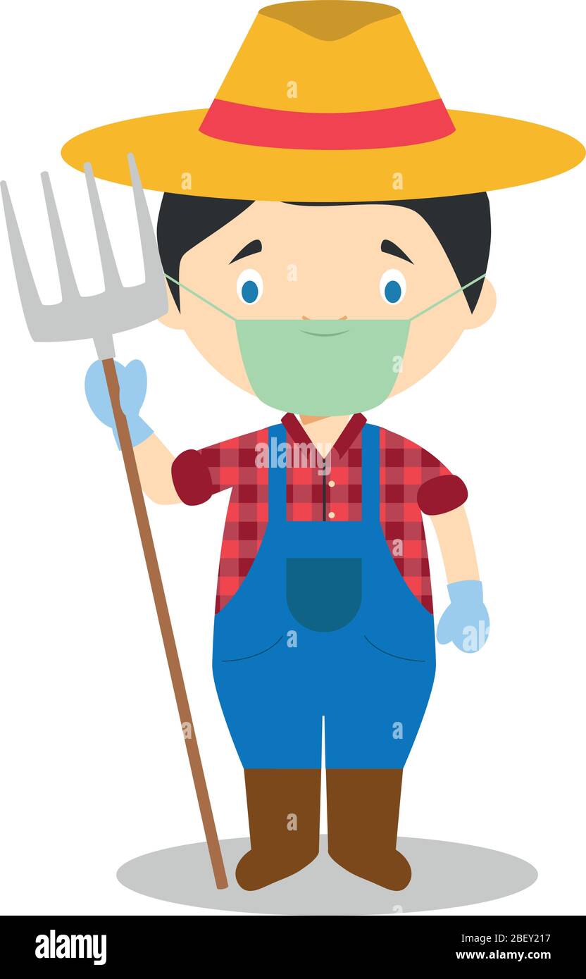 Cute cartoon vector illustration of a farmer with surgical mask and latex gloves as protection against a health emergency Stock Vector