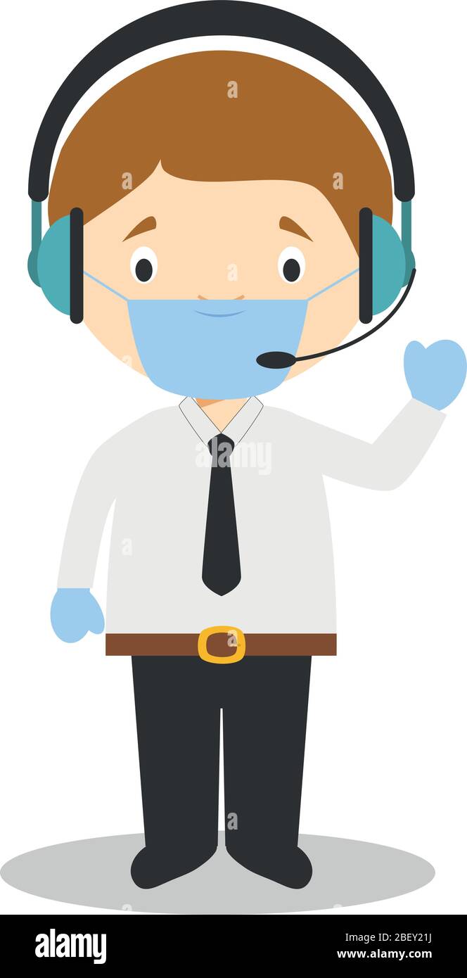 Cute cartoon vector illustration of a telemarketing phone operator with surgical mask and latex gloves as protection against a health emergency Stock Vector