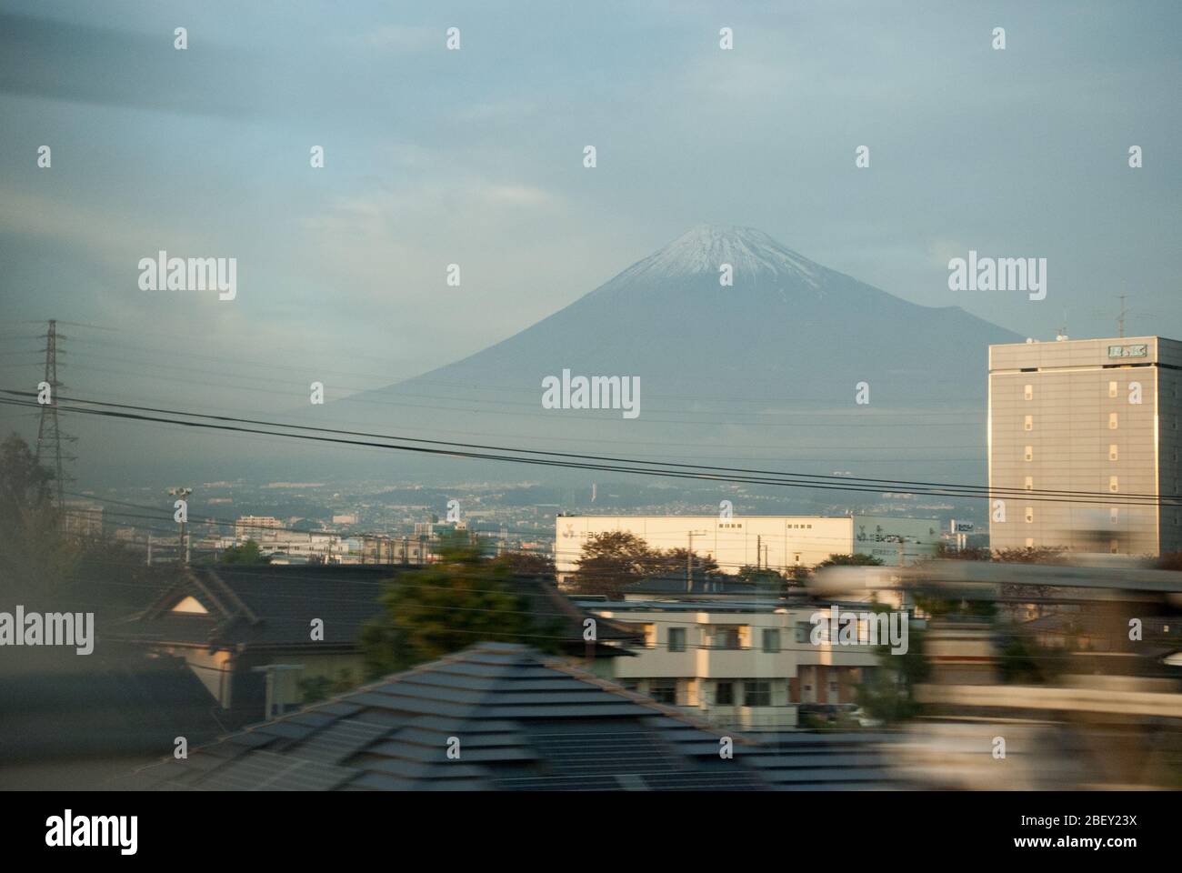 View of Mount Fuji Fuji San in Japanese Countryside Fields in Tokyo, Japan Stock Photo