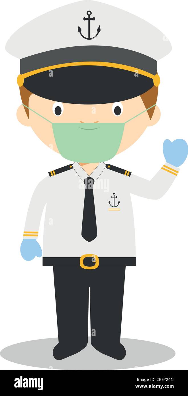 Cute cartoon vector illustration of a sailor with surgical mask and latex gloves as protection against a health emergency Stock Vector