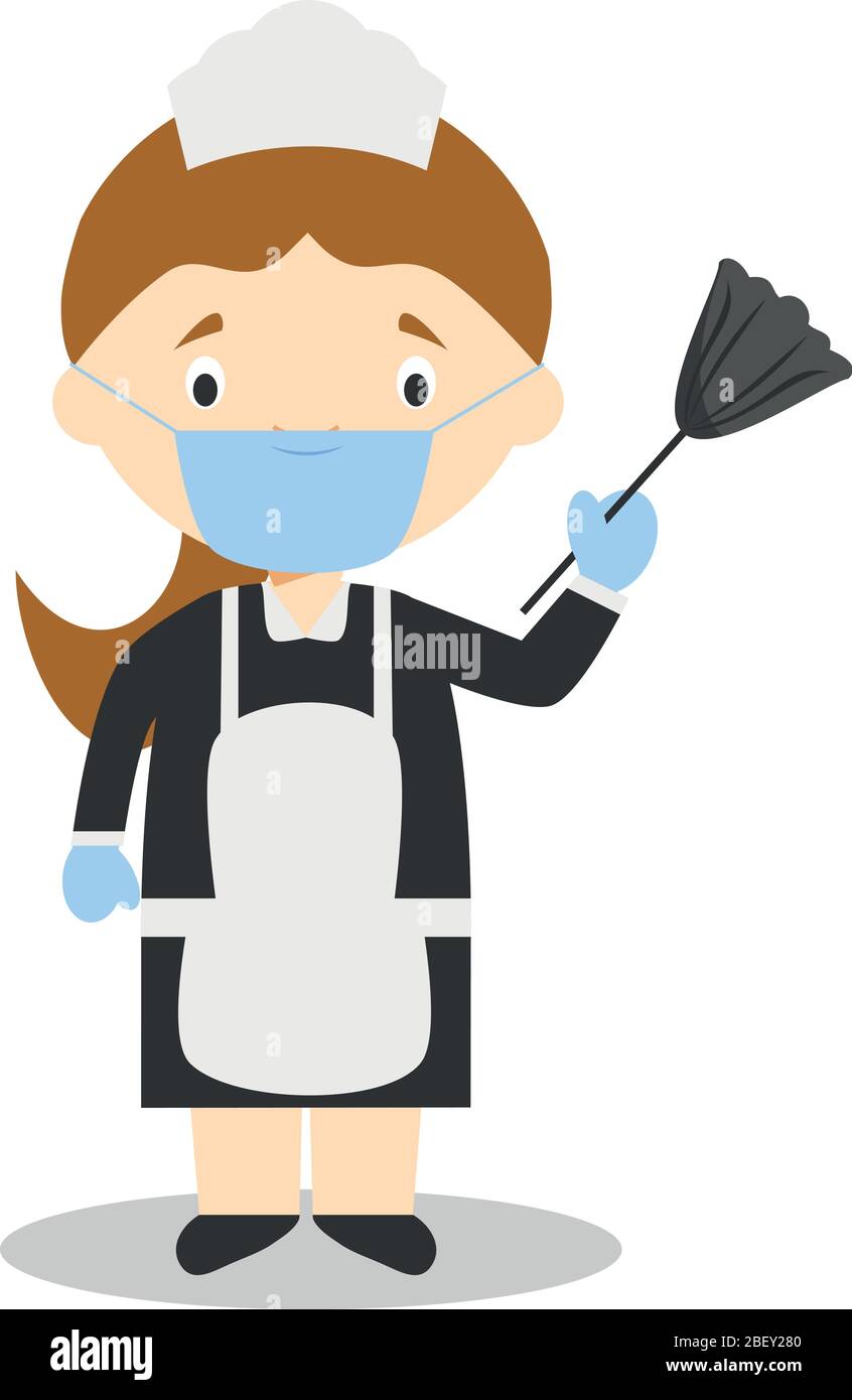 Cute cartoon vector illustration of a maid or cleaning girl with surgical mask and latex gloves as protection against a health emergency Stock Vector