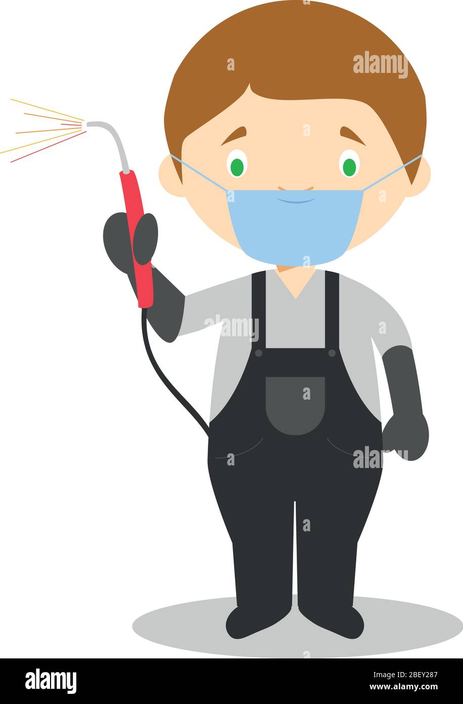 Cute cartoon vector illustration of a welder with surgical mask and latex gloves as protection against a health emergency Stock Vector