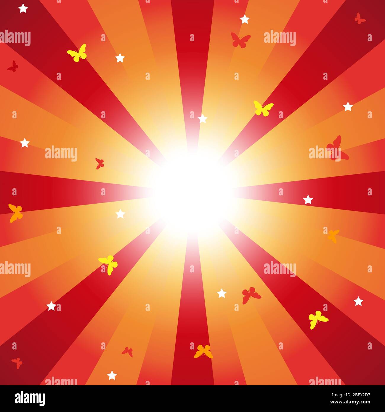 Abstract background of sun rays of red and yellow color with colored  butterflies and white stars. Template for text Stock Vector Image & Art -  Alamy
