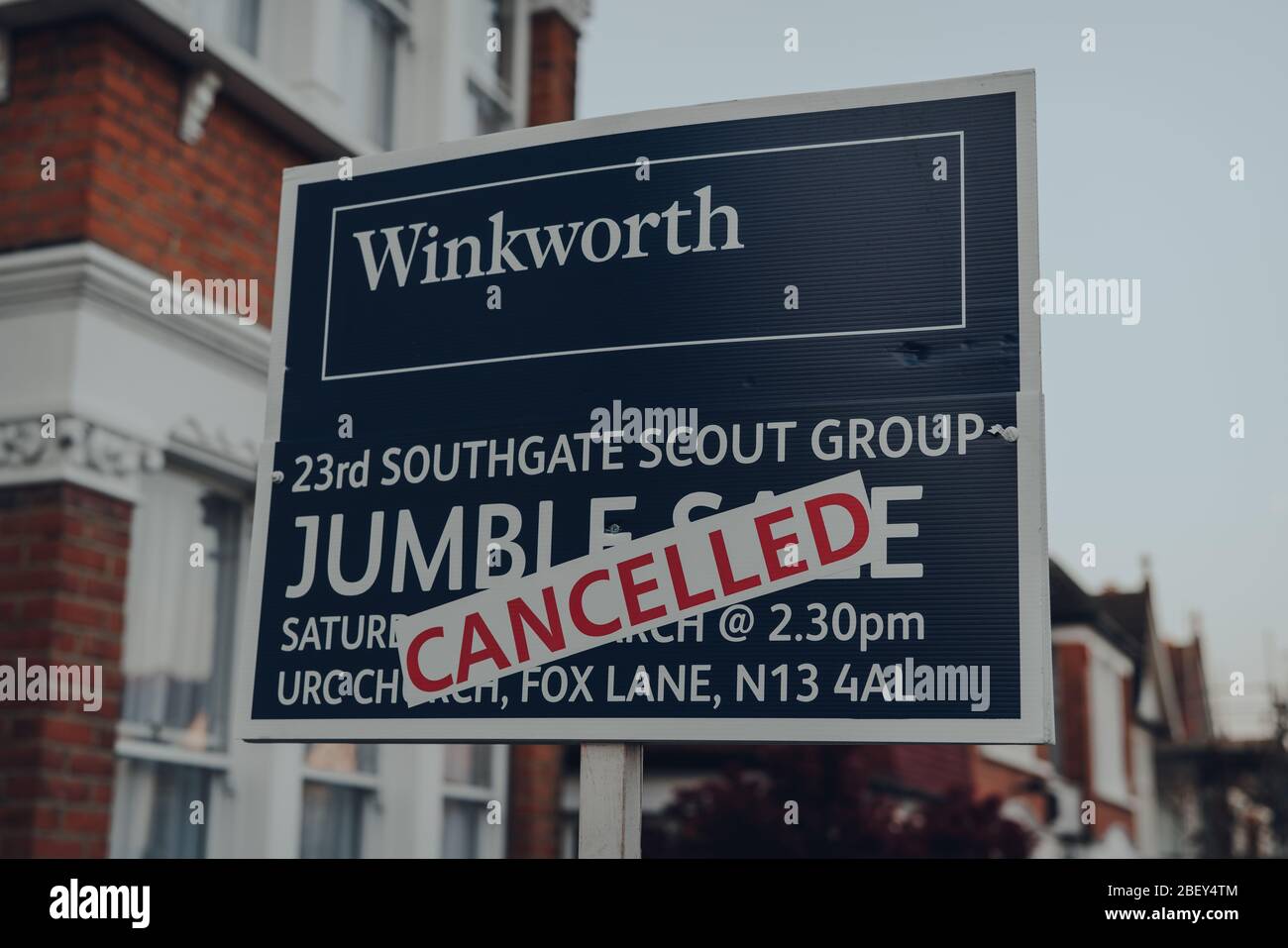 London, UK April 12, 2020 Cancelled jumble sale sign by Winkworth