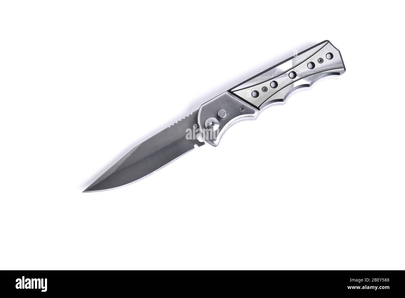 silver folding knife on a white background close-up Stock Photo