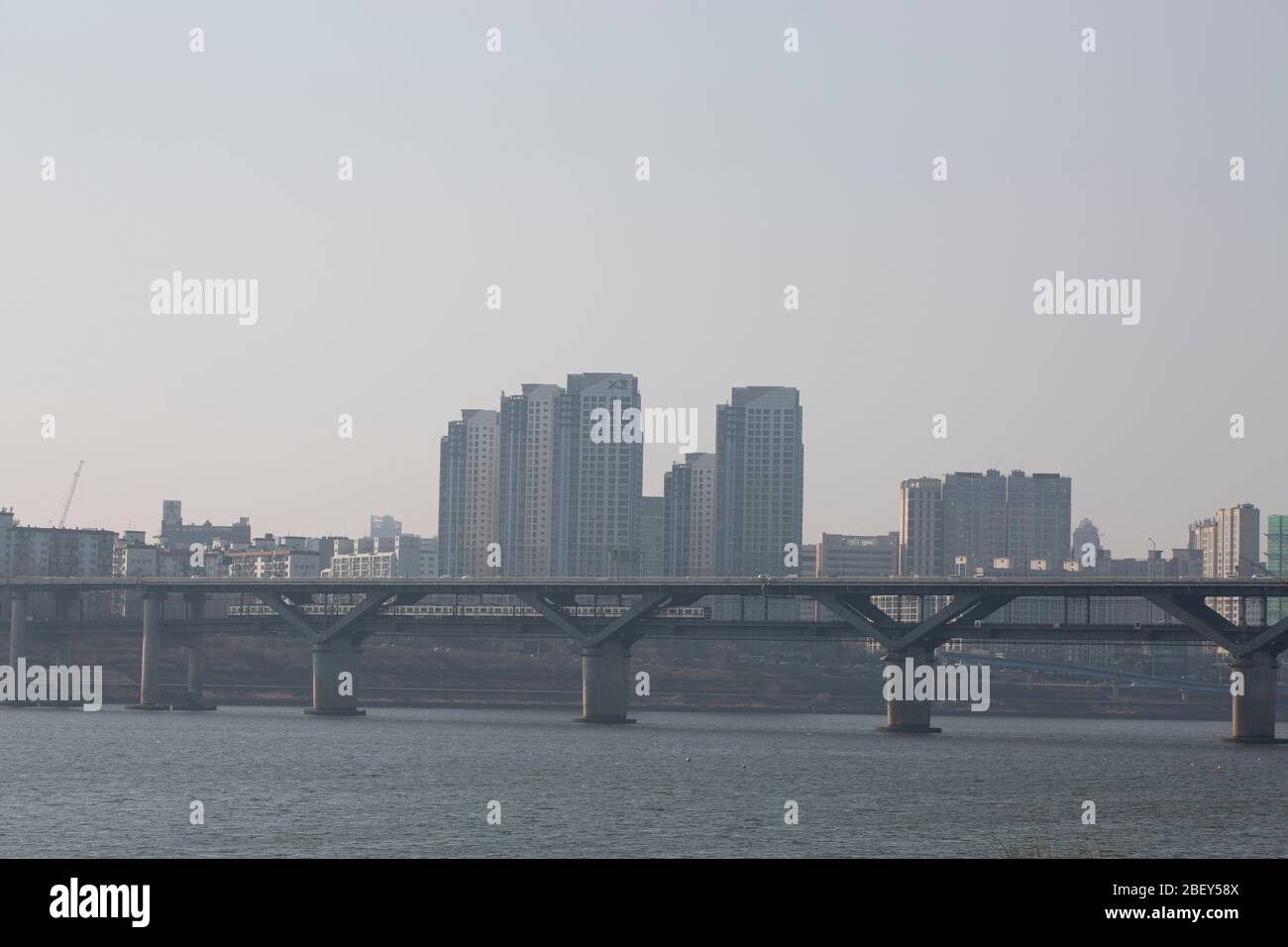 Cheongdamdaegyo Bridge and buildings covered with fine dust, Gangnam-gu, Seoul, Korea-  08 Feb 2020 Stock Photo