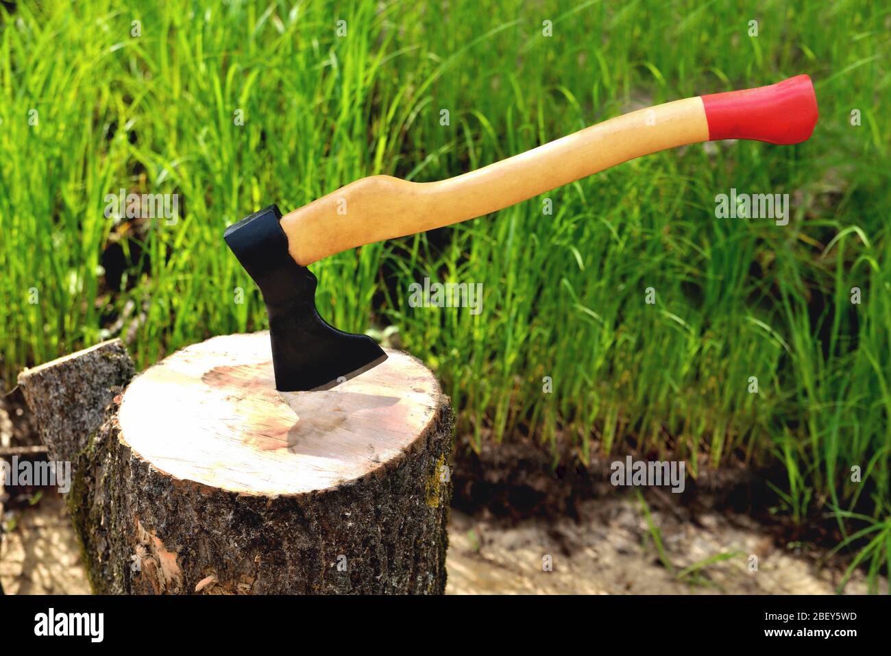 a beautiful-shaped ax sticks out in a tree, with a yellow handle close-up, on a natural background Stock Photo