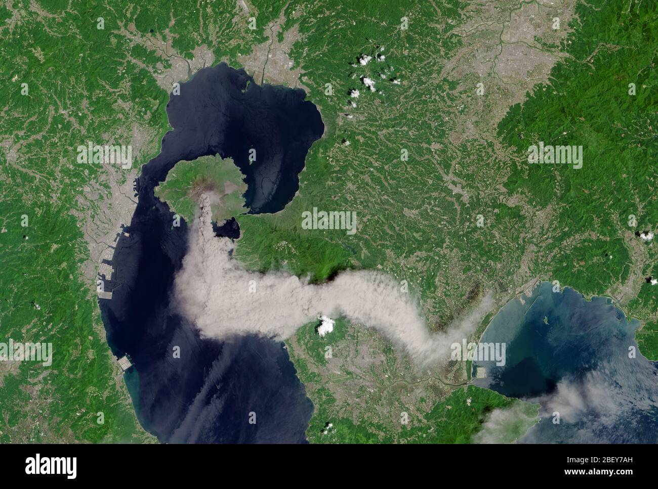 KYUSHU, JAPAN - 21 May 2015 - Sakura-jima volcano spewed a dense plume of ash over the Japanese island of Kyushu on May 21, 2015. Currently Japan’s mo Stock Photo