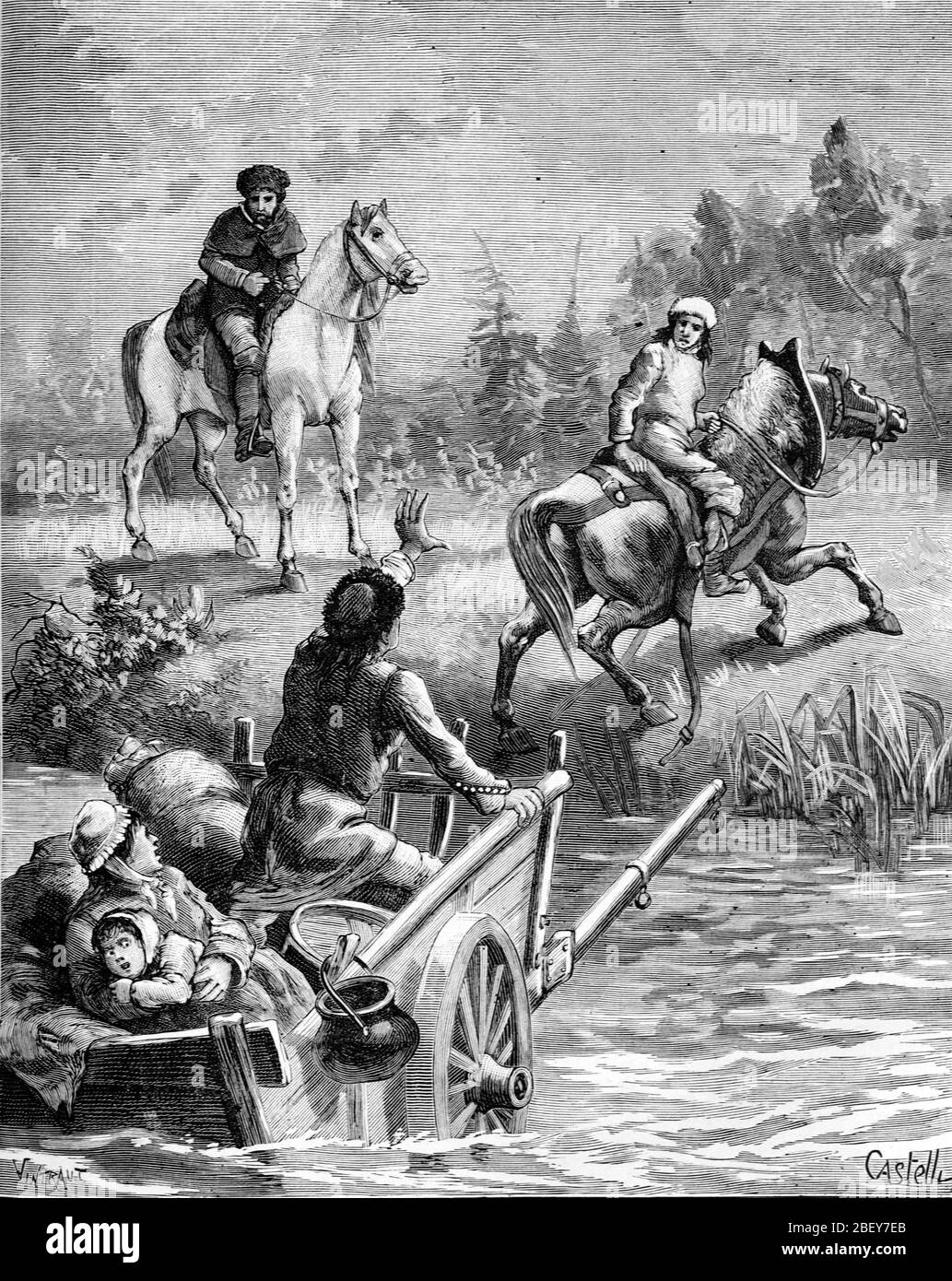 White Settlers in Wagons or Wagon Trains Crossing River on Migration West towards the Wild West American Frontier USA United Stats of America. Vintage or Old Illustration or Engraving 1888 Stock Photo