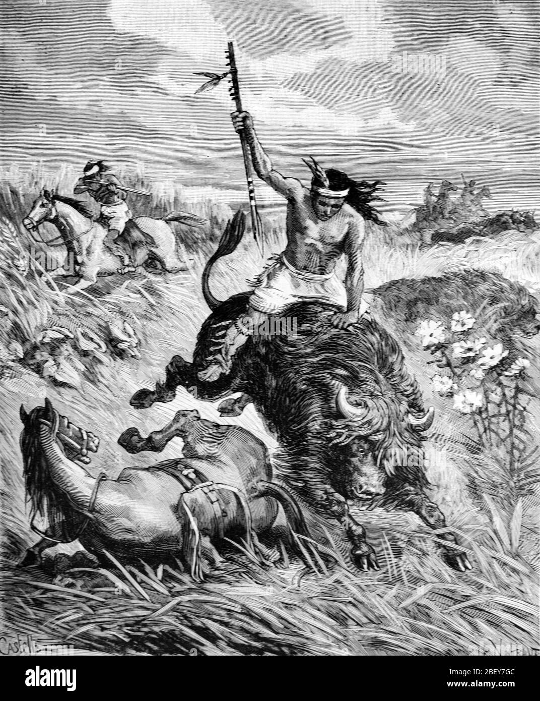 Comanche Plains Indian Hunting Bison or American Buffalo on the Great Plains United States of America USA or US. Vintage or Old Illustration or Engraving 1888 Stock Photo