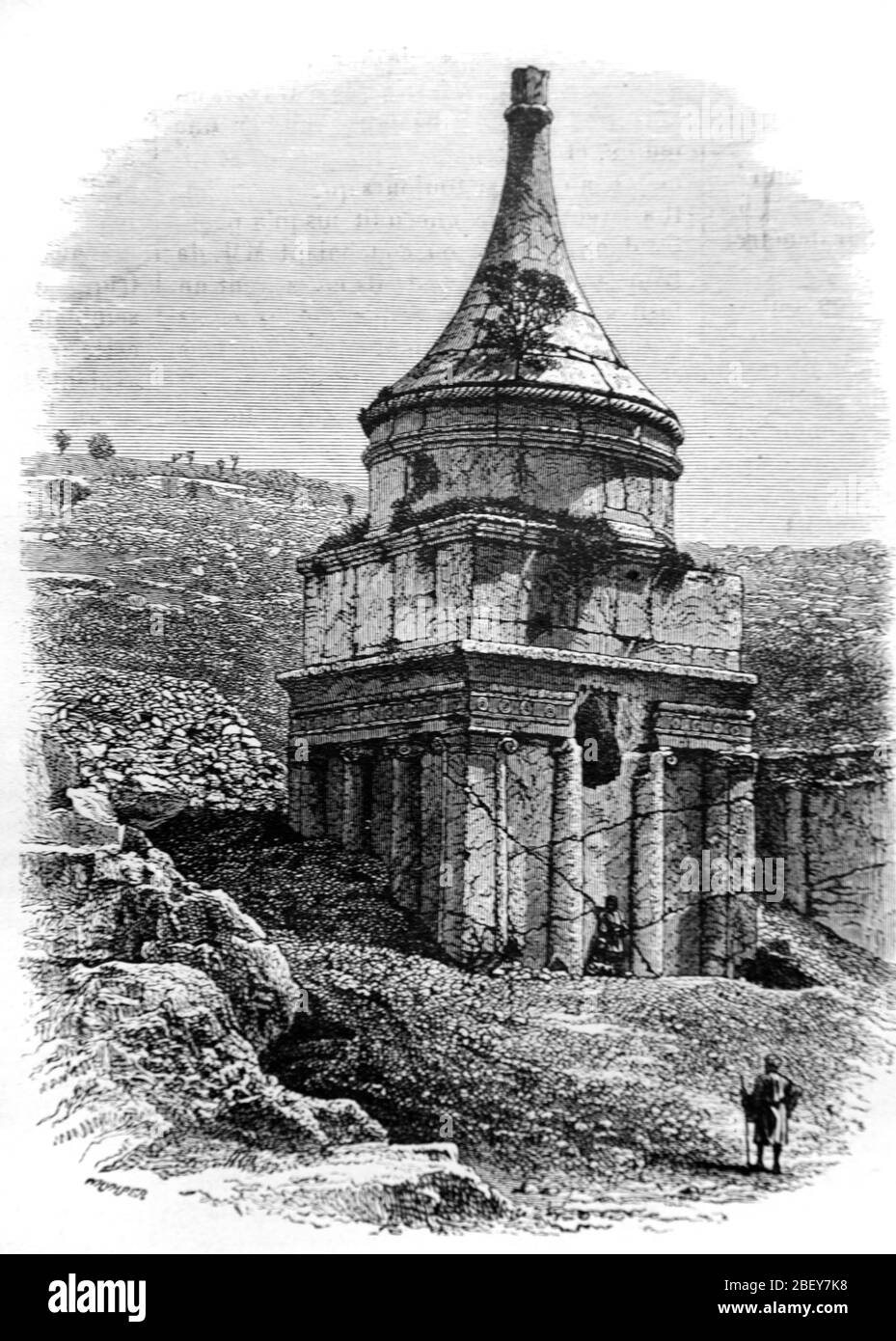 Tomb of Absalom, Absalom's Tomb or Absalom's Pillar, an Ancient Rock-Cut Tomb in Kidron Valley Jerusalem Israel. Vintage or Old Illustration or Engraving 1888 Stock Photo