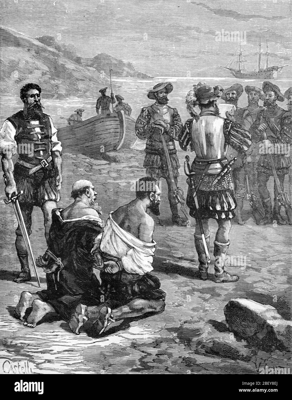 Port Famine, aka Puerto del Hambre or Ciudad del Rey Don Felipe, a Historic Spanish Colony or Settlement Site in Patagonia Chile. Spanish Settlers Judging Mutineers (late c16th). Vintage or Old Illustration or Engraving 1888 Stock Photo
