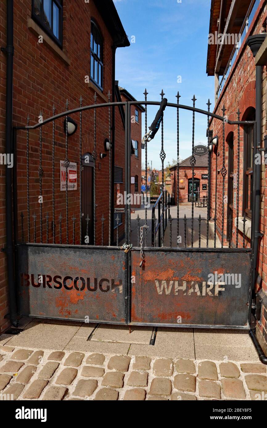 Due to the coronavirus epidemic all leisure and retail areas across the country are closed and the Burscough Wharf has chained it’s gates shut. Stock Photo