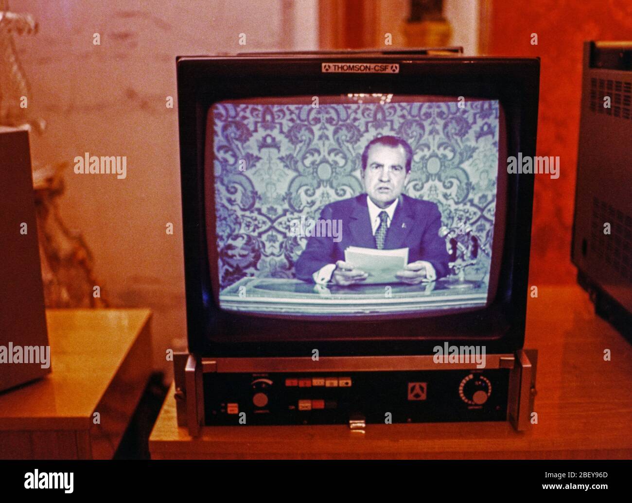 President Nixon addresses the people of the USSR and United States on a live television broadcast from the Green Room in the Grand Kremlin Palace on May 28, 1972, between 8:30 PM and 8:54 PM. Stock Photo