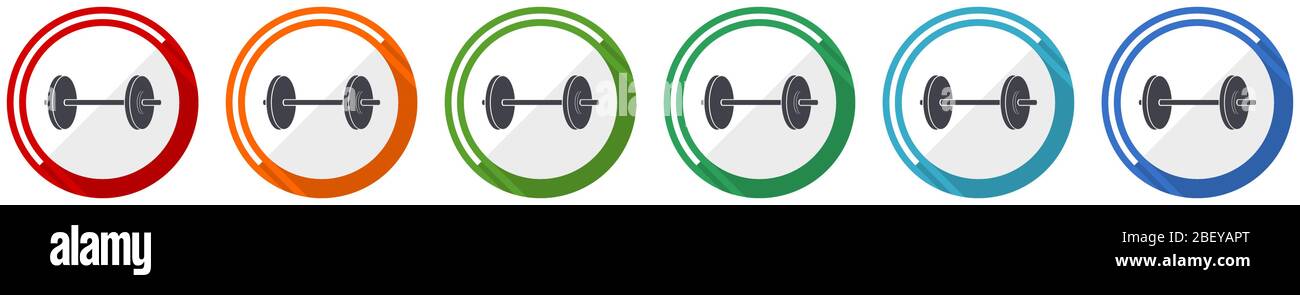 Fitness icon set, flat design vector illustration in 6 colors options ...