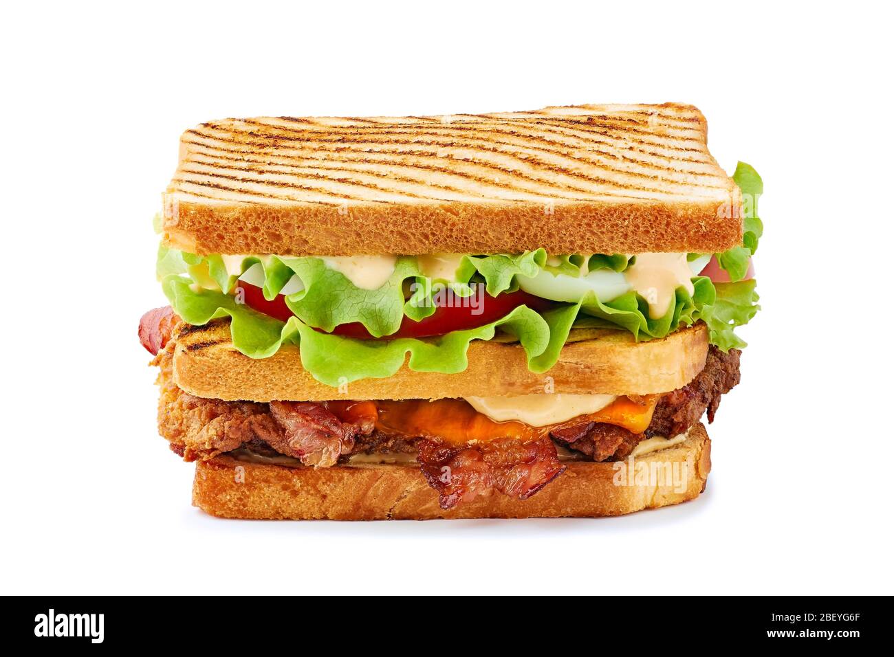 Juicy club sandwich with chicken and bacon on white Stock Photo
