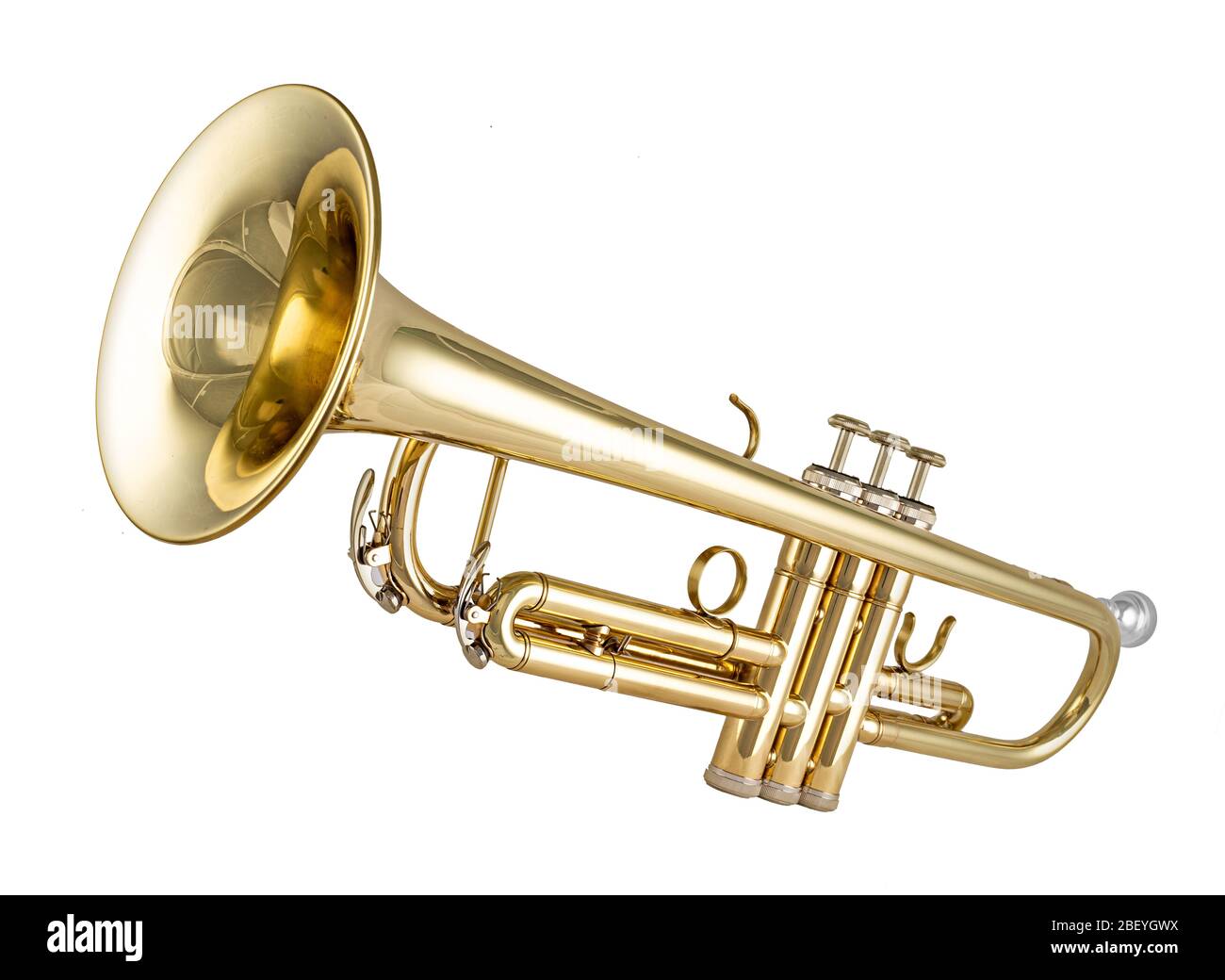 Golden shiny new metallic brass trumpet music instrument isolated on white background. musical equipment entertainment orchestra band concept. Stock Photo