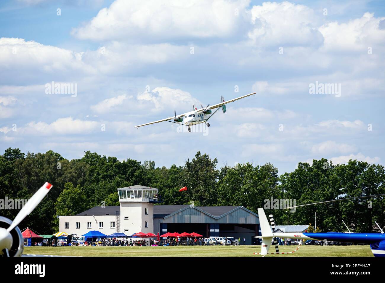 old transport plane flies at an air show Stock Photo