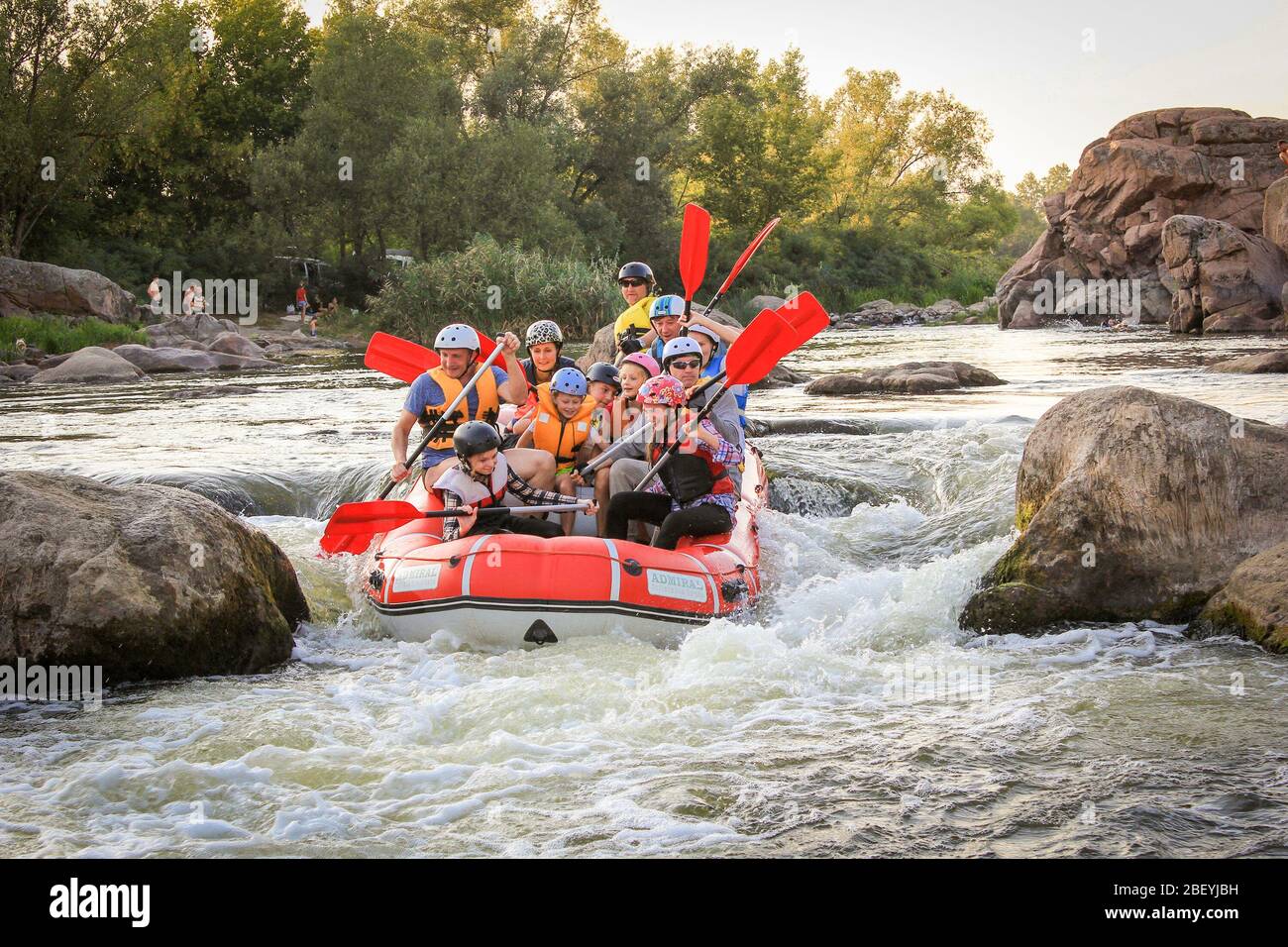 Sun Kosi near Harkapur / Nepal - August 30, 2019: Whitewater Rafting on the Dudh Koshi in Nepal. Rafting team , summer extreme water sport. Group of p Stock Photo