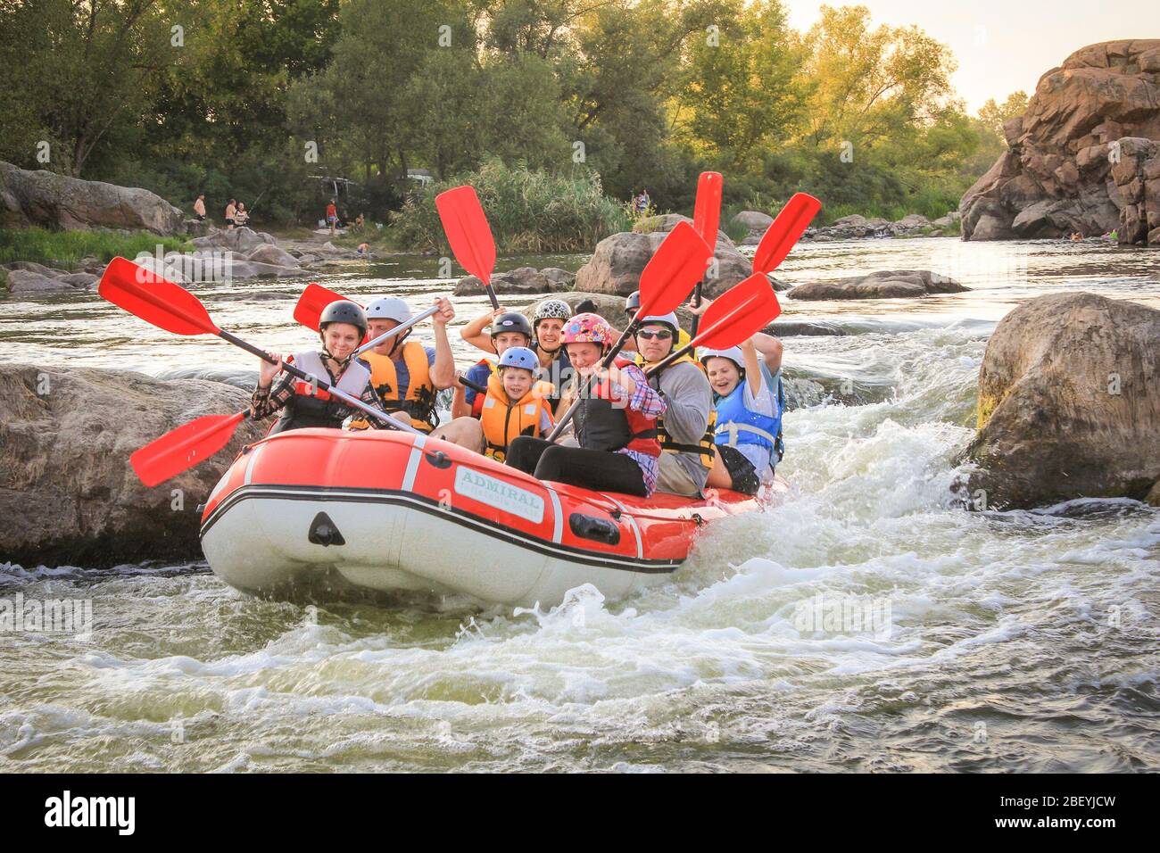 Sun Kosi near Harkapur / Nepal - August 30, 2019: Whitewater Rafting on the Dudh Koshi in Nepal. Rafting team , summer extreme water sport. Group of p Stock Photo