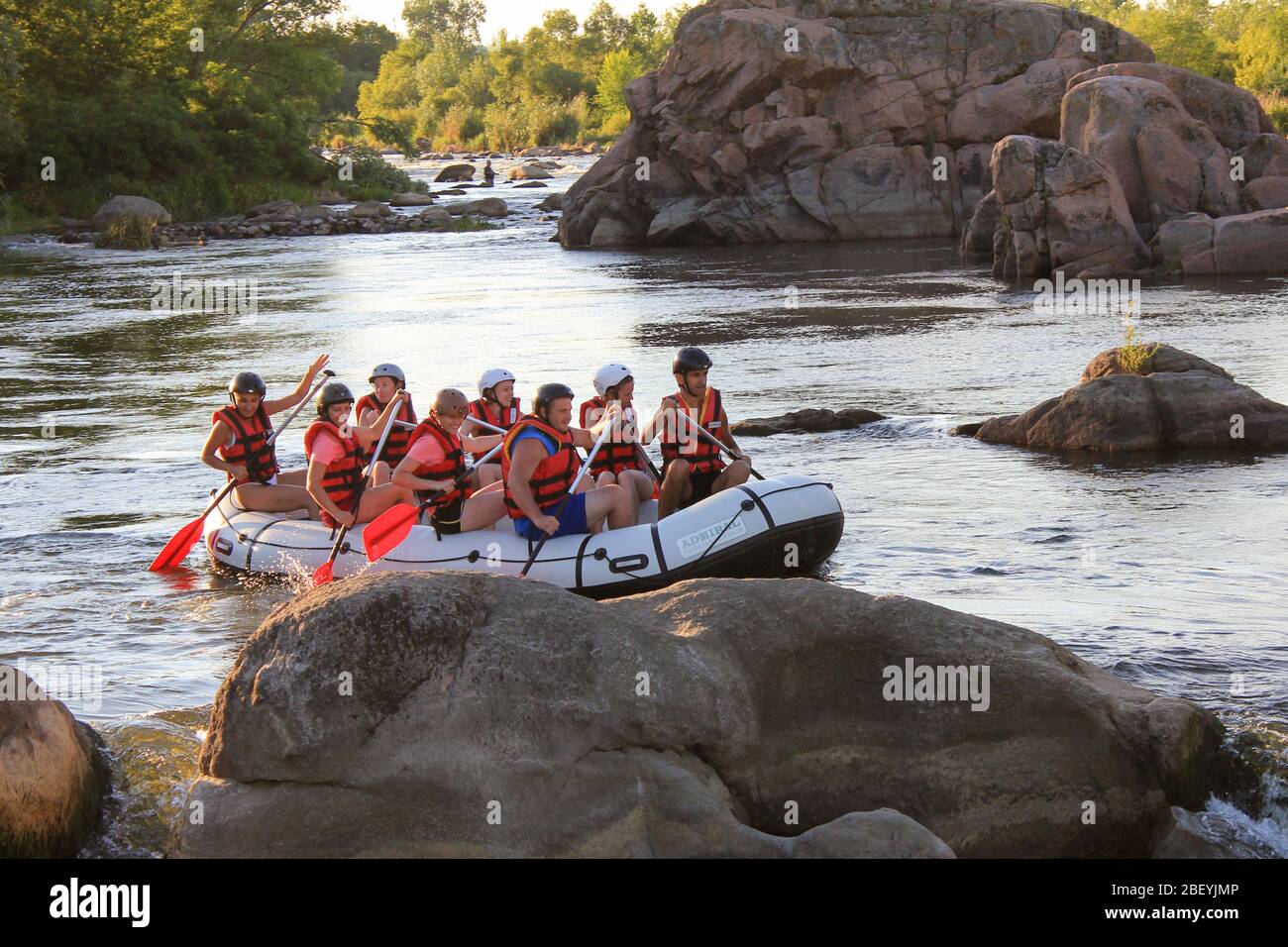 Sun Kosi near Harkapur / Nepal - August 30, 2018: Whitewater Rafting on the Dudh Koshi in Nepal. Rafting team , summer extreme water sport. Group of p Stock Photo