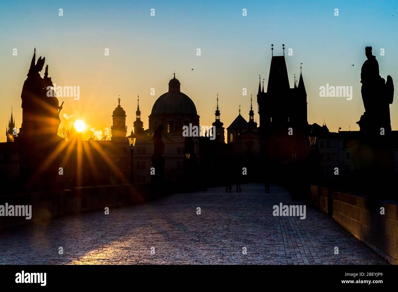 sunrise above Charles Bridge in Prague, the capital of Czech republic Stock Photo