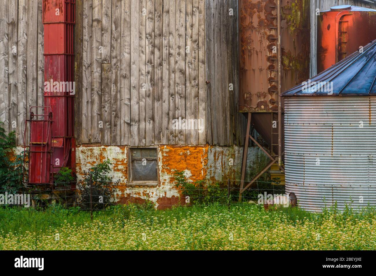 Storage bins and barn, Wonderland Road, near London, Ontario, Canada Stock Photo