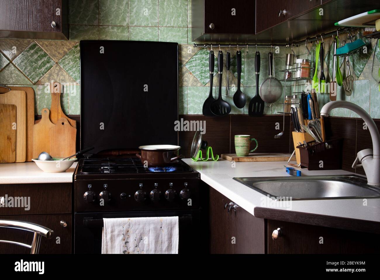 Interior Of A Kitchen In A Small Apartment 2BEYK9M 