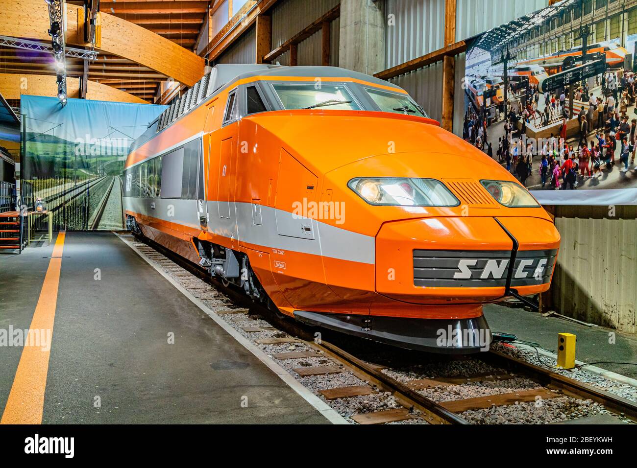 TGV Sud-Est, a high speed SNCF train, now on display in the Cité du Train railway museum in Mulhouse, France. February 2020. Stock Photo