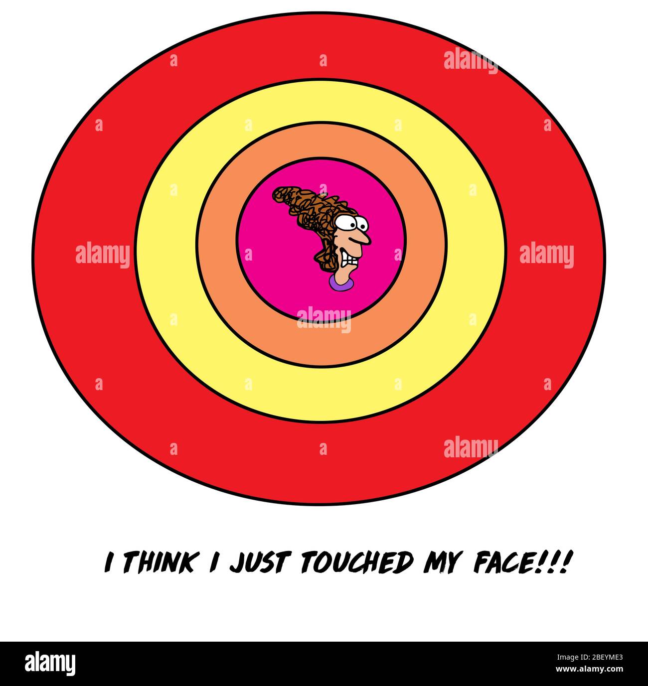 Color cartoon depicting a worried woman during Covid-19 who thinks she just touched her face. Stock Photo