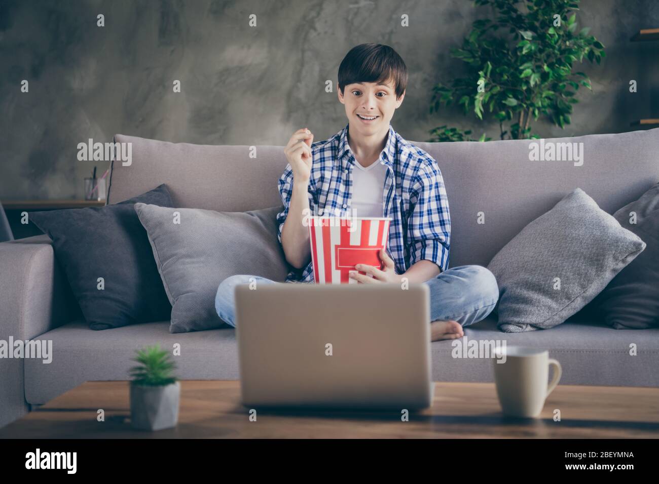 Photo of teen school boy sitting comfy couch stay home quarantine time  watch notebook movie online show eat popcorn good mood legs crossed living  room Stock Photo - Alamy