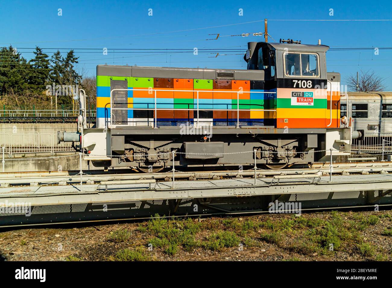 SNCF 7108, a Class Y 7100 diesel shunting engine built in 1958, now on display in the Cité du Train railway museum in Mulhouse, France. February 2020. Stock Photo