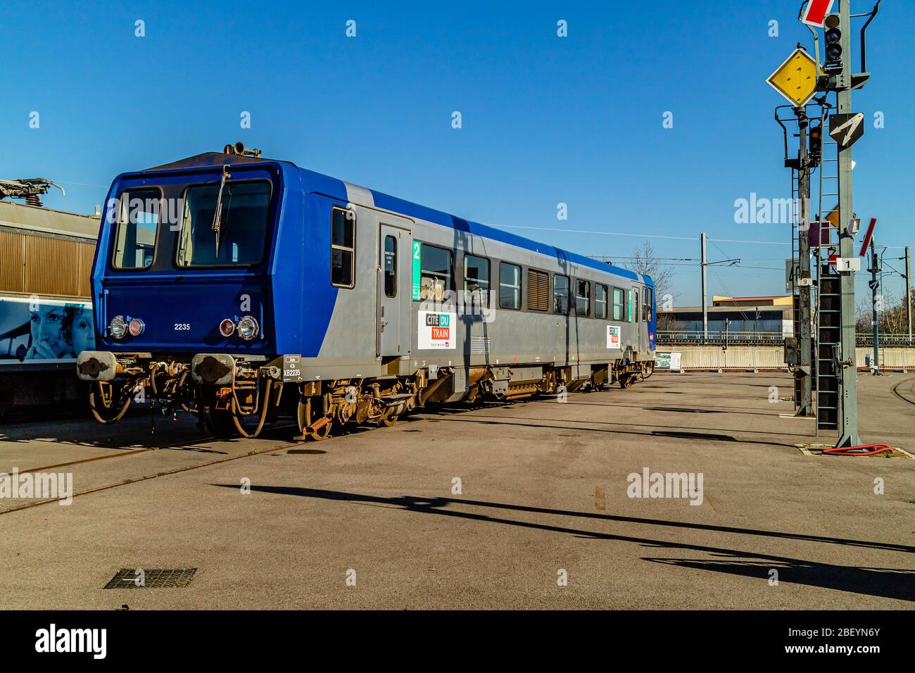 Passenger SNCF train, now on display in the Cité du Train railway museum in Mulhouse, France. February 2020. Stock Photo