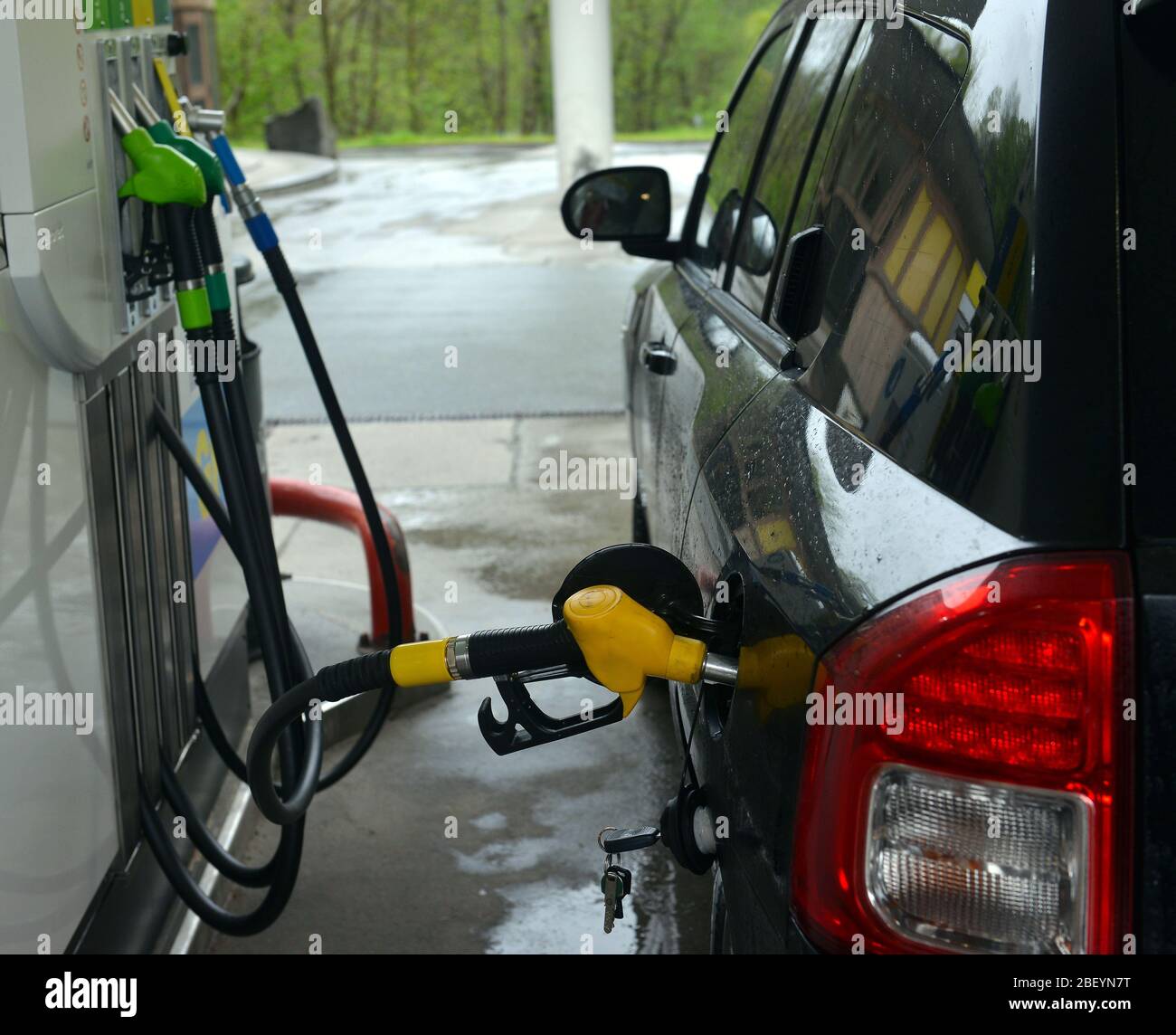 refilling up gas tank of the car with green eco fuel on a filling station Stock Photo