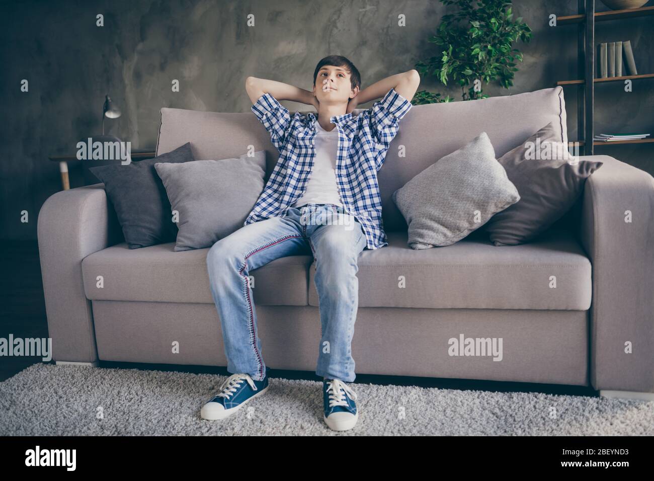 Photo Of Young Teenager School Boy Enjoy Relaxing Sit Comfy Couch Staying Home Good Mood Quarantine Time Hands Behind Head Little Bored Living Room Stock Photo Alamy Photo Of Young Teenager School Boy Enjoy Relaxing Sit Comfy Couch Staying Home Good Mood Quarantine Time Hands Behind Head Little Bored Living Room Stock Photo Alamy
