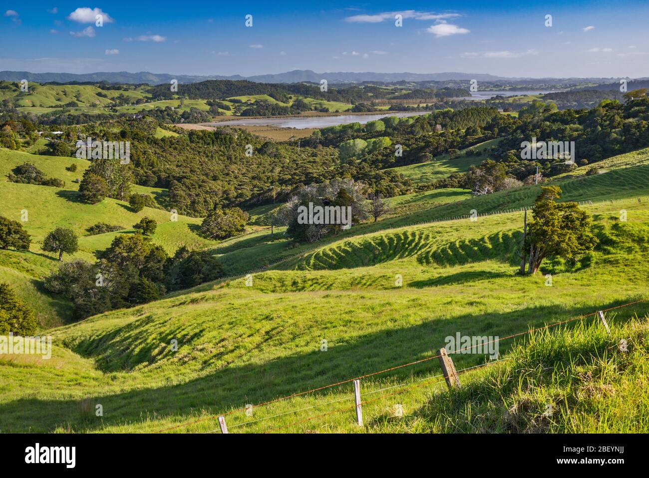 View over hills near town of Snells Beach, Kawau Bay in distance, Mahurangi Peninsula, Auckland Region, North Island, New Zealand Stock Photo