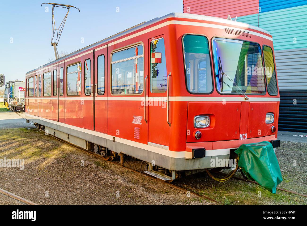 An electric MC3 engine formerly running on Lyon city metro, now on display in the Cité du Train railway museum in Mulhouse, France. February 2020. Stock Photo