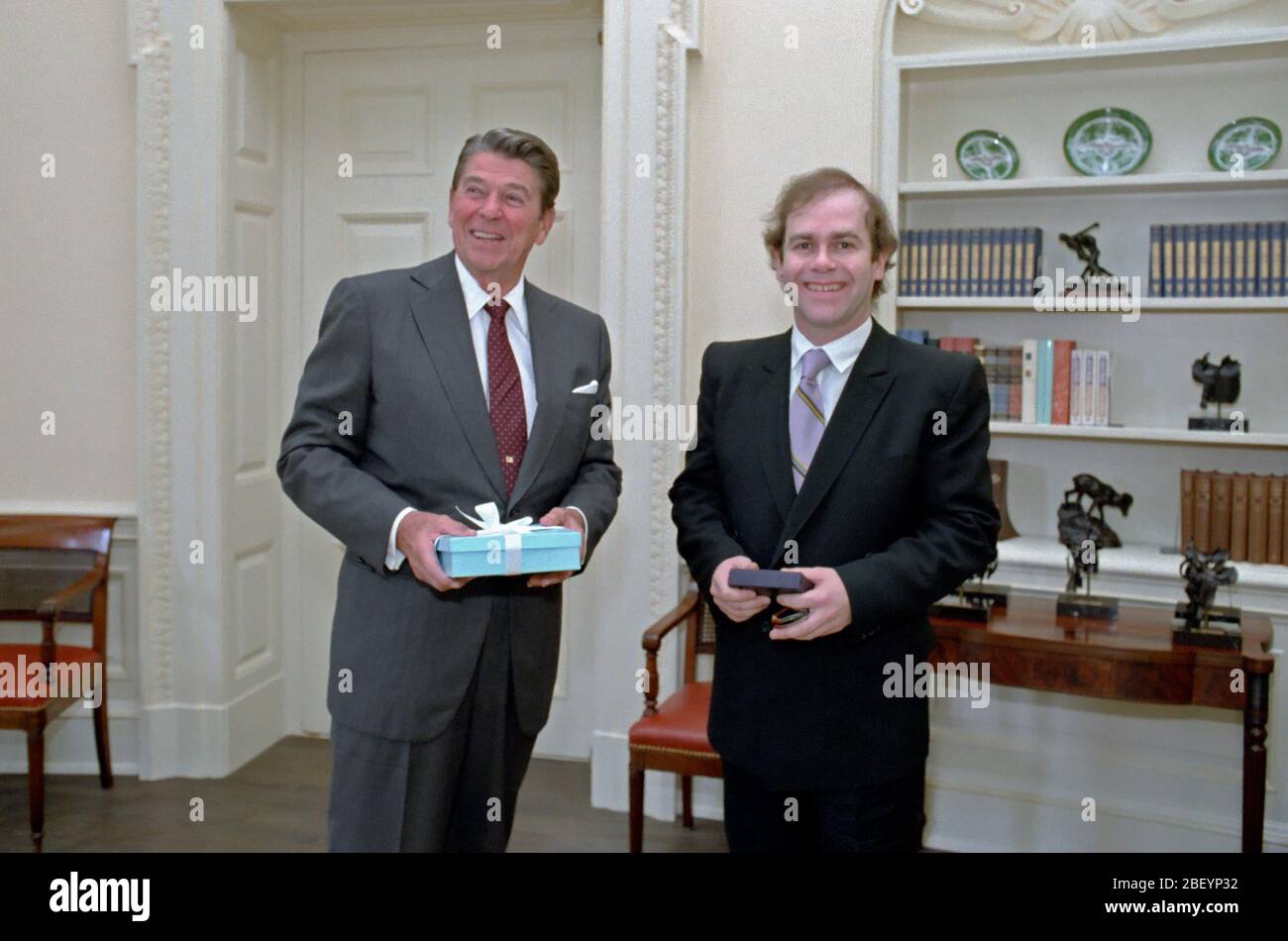 8/4/1982 President Reagan Photo Op. With Elton John in Oval Office Stock Photo