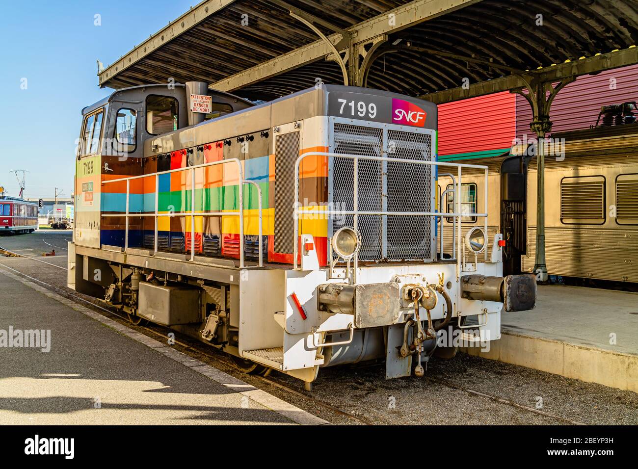SNCF 7199, a Class Y 7100 diesel shunting engine built in 1960, now on display in the Cité du Train railway museum in Mulhouse, France. February 2020. Stock Photo
