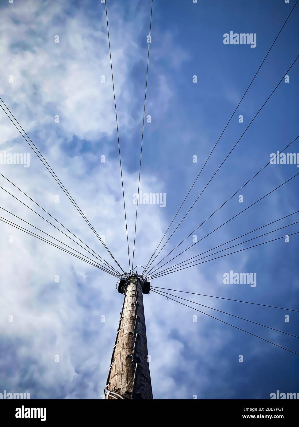 Telephone wires radiate from a wooden telegraph pole providing communication lines to homes in Worcestershire, UK. Stock Photo