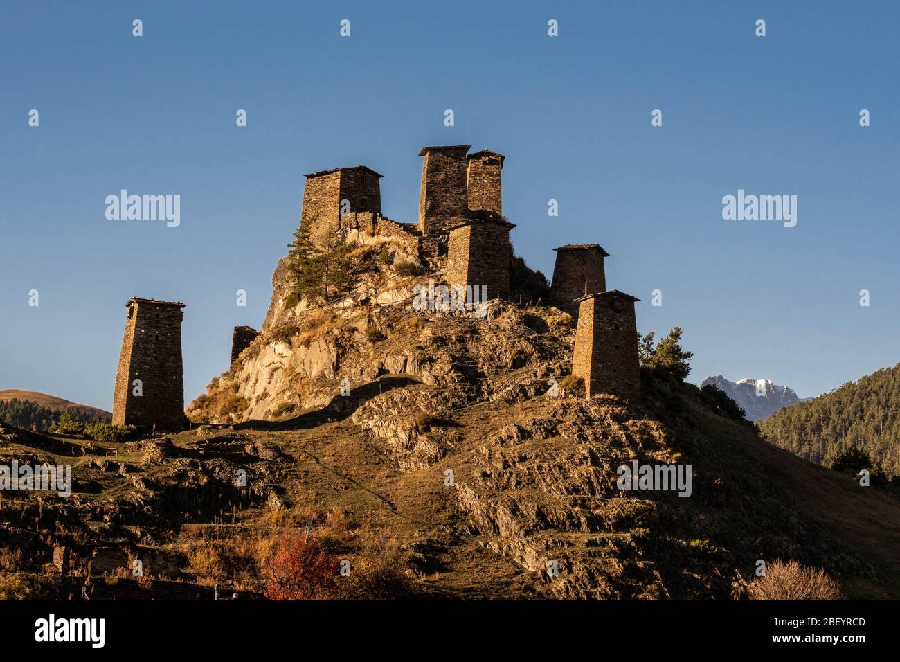Caucasus, Georgia, Tusheti region, Omalo. The old fort of upper Omalo at sunset Stock Photo