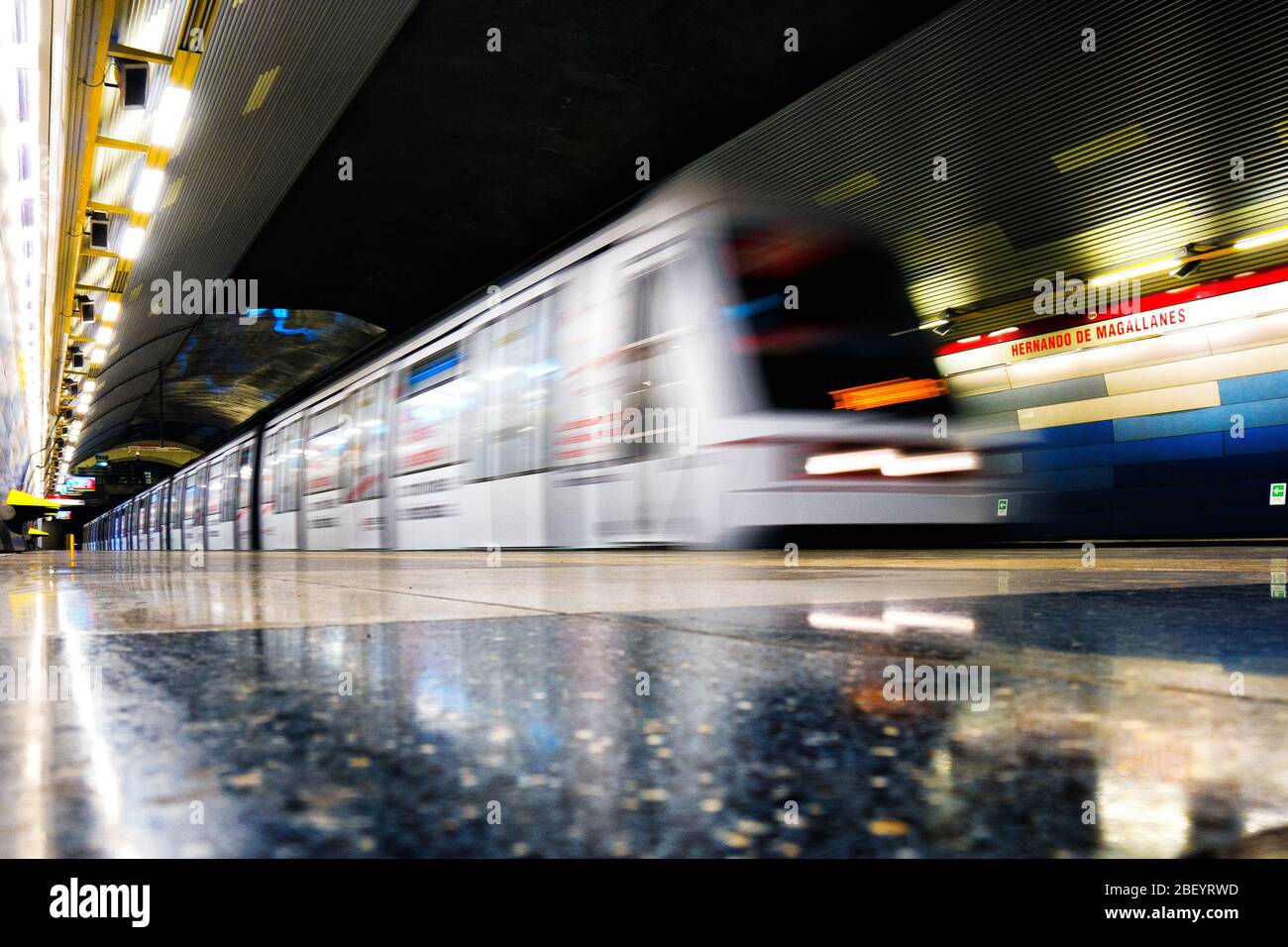 SANTIAGO, CHILE - OCTOBER 2015: A Santiago Metro train at a station of Line 1 Stock Photo