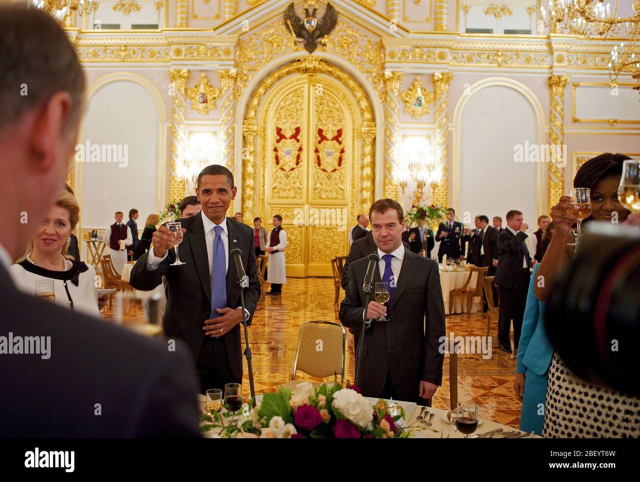 President Barack Obama and First Lady Michelle Obama attend a reception in the Kremlin with Russian President Dimitry Medvedev, his wife Svetlana Medvedeva, and the Russian Orthodox Patriarch Moscow, Russia, July 7, 2009 Stock Photo