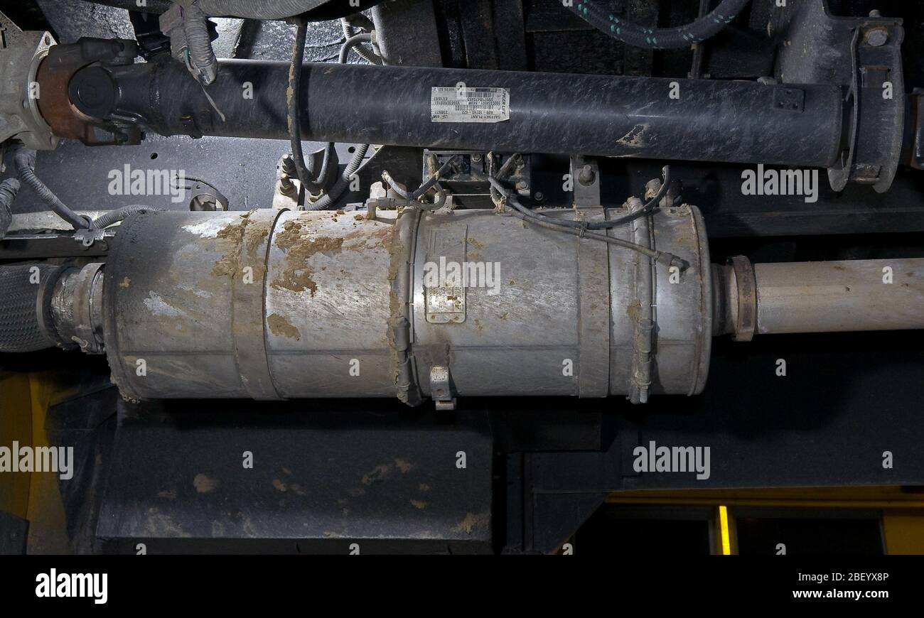 Diesel Particulate Filter in exhaust stream of diesel school bus Stock
